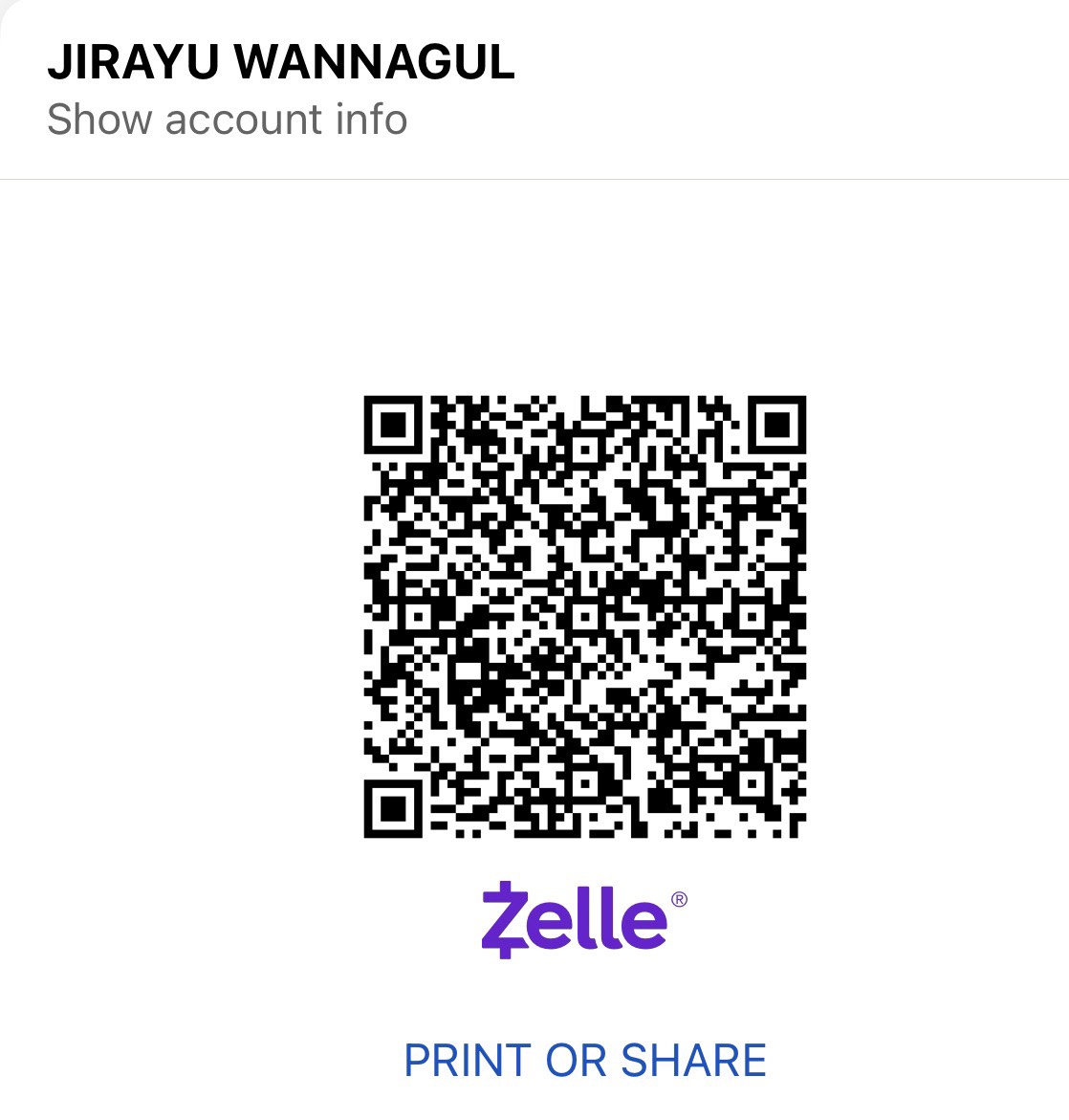 QR สำหรับสนับสนุนผ่าน Zelle ชื่อ Jirayu Wannagul